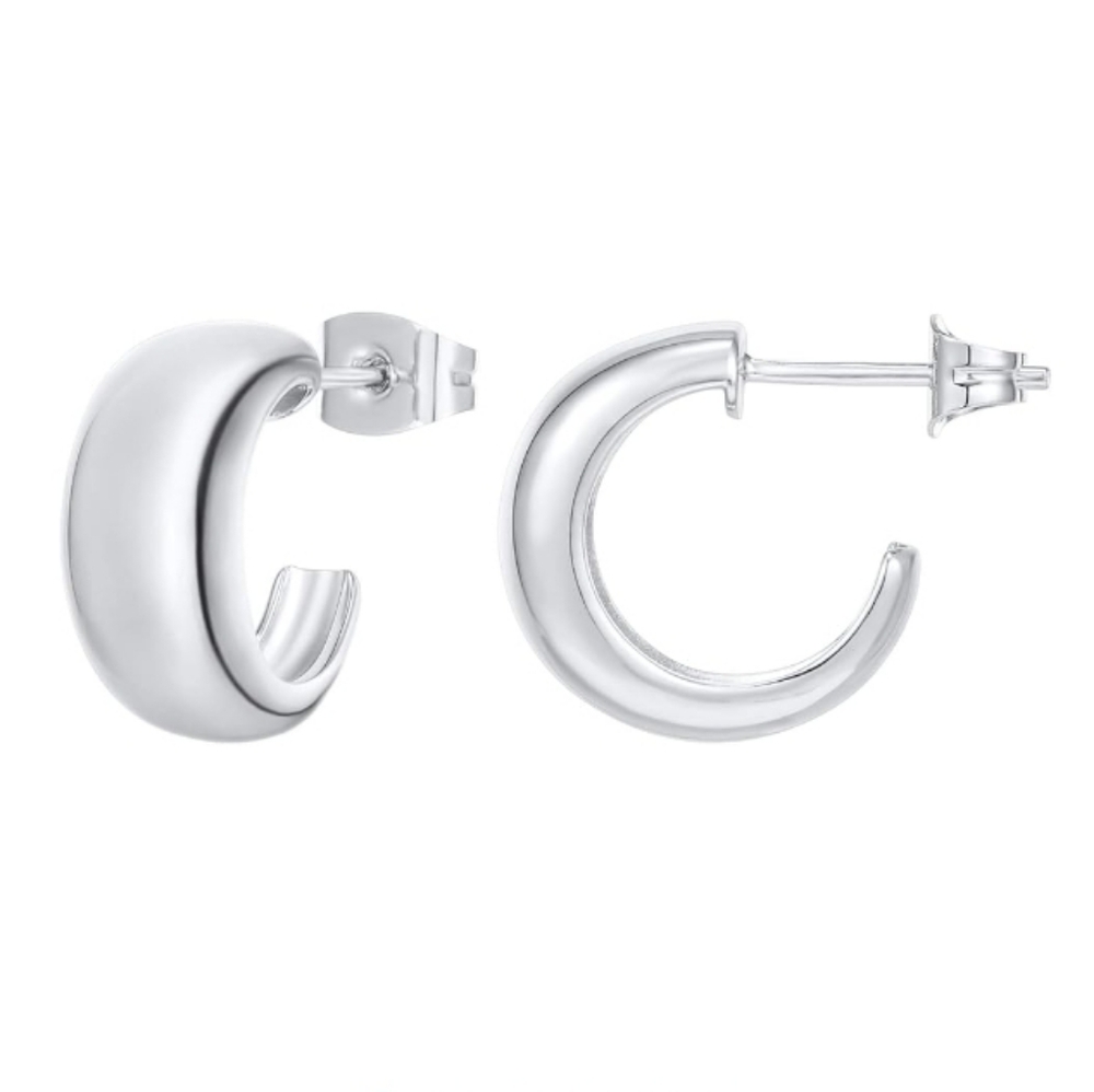 14K White Gold Plated Thick Huggie Wide Round Hoop Earrings